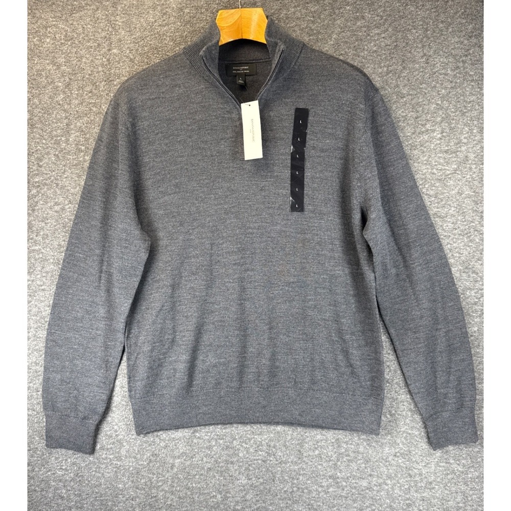 Banana Republic Factory Quarter Zip Sweater Mens L Gray NEW 100% Merino Academia